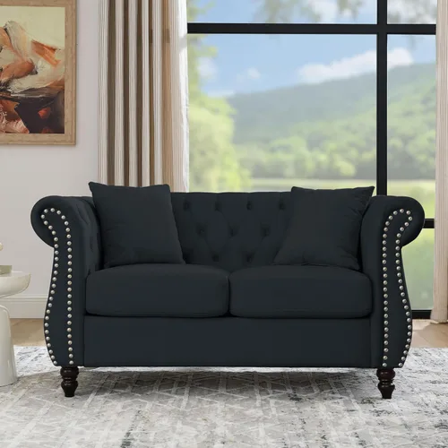 Vista 10 de Juego de Sofá Combinado de Terciopelo Chesterfield de 2 Piezas para Sala de Estar, Sofá de 3 Plazas y Loveseat con Tapizado Capitoné con 4
