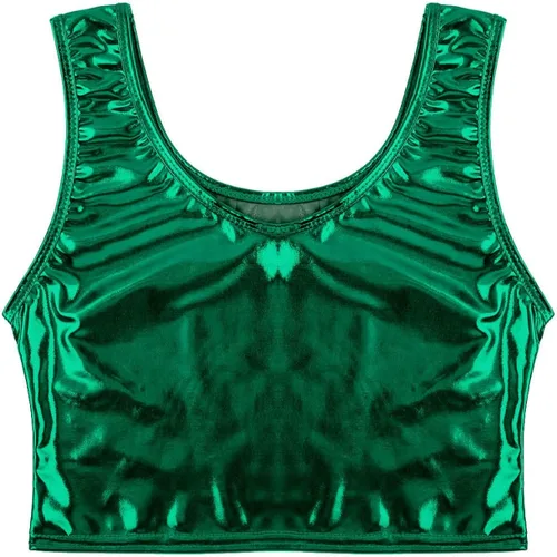 Vista 5 de iiniim Fashion - Camiseta sin mangas de cuero brillante metálico sin mangas con cuello redondo para mujer, chaleco de fiesta y club, Metálico