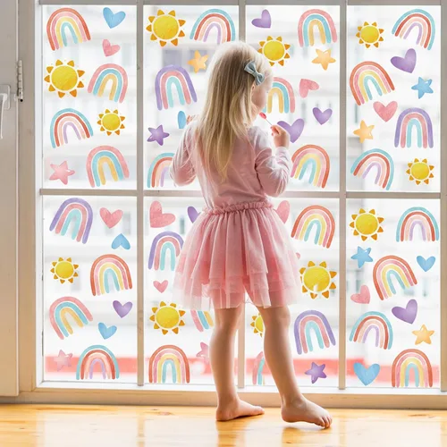 Vista 7 de AnyDesign 9 hojas de calcomanías de ventana de arco iris bohemio que se adhiere a la escuela, corazón, sol, estrella, doble cara, calcomanías