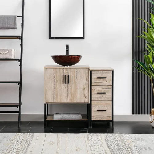 Vista 15 de eclife Lavabo de tocador de baño de 24 pulgadas, gabinete de metal moderno con estante inferior, fregadero azul para barco y grifo de ahorro de agua
