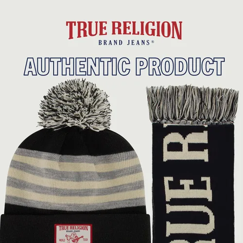 Vista 6 de True Religion - Conjunto de gorro y bufanda, gorro de punto con relleno de invierno con pompones y bufanda estilo estadio