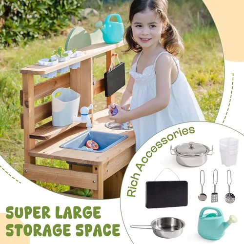 Vista 3 de ROBUD Cocina de barro para niños al aire libre, cocina de barro de madera para niños con fregadero extraíble, taza de plantación, horno, pizarra