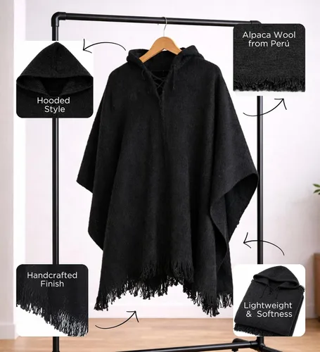 Vista 6 de Poncho de lana de alpaca Gamboa para hombre, panchos mexicanos con capucha para adultos, poncho de vaquero y estilo western hippie para hombre