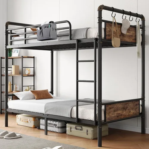 Vista 10 de Jocoevol Litera Doble sobre Doble, literas de metal resistente con escalera y barandilla de longitud completa, convertible en 2 camas individuales