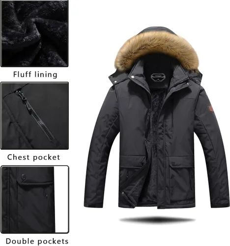 Vista 7 de Abrigo de nieve de invierno para hombre, chaqueta de esquí cálida, impermeable, con capucha, ropa de trabajo, Nieve