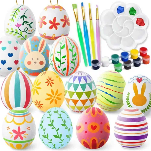 Vista 8 de SpringFlower Kit de pintura de huevos de Pascua blancos, 24 huevos flocados pintables con kit de garabatos para diseño de bricolaje, huevos flocados