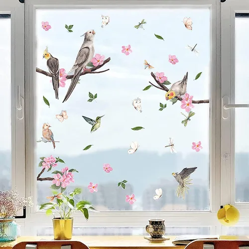 Vista 13 de Adhesivos estáticos para ventana, diseño de flores de primavera, pájaros y mariposas, reutilizables, para bricolaje, ramas de árboles, doble cara
