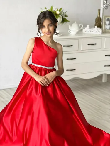 Vista 3 de Vestidos de satén de un hombro para niñas, vestido de princesa de una línea de flores con banda de abalorios