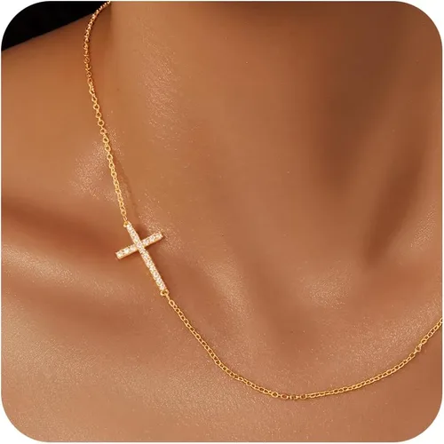 Vista 31 de Collar de cruz para mujeres y niñas, delicado chapado en oro de 14 quilates, gargantilla con dije de cruz que no se deslustra, impermeable, moderno