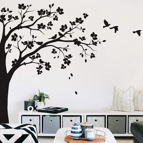 Vista 6 de Adhesivo decorativo para pared de árbol de esquina grande con flores grandes, pájaros y hojas para cuarto de bebé, mural 087
