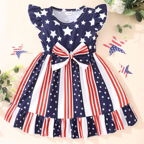 Vista 2 de Vestido para niñas del 4 de julio, vestidos de bandera estadounidense, manga con vuelo, ropa patriótica, trajes para el día de la independencia