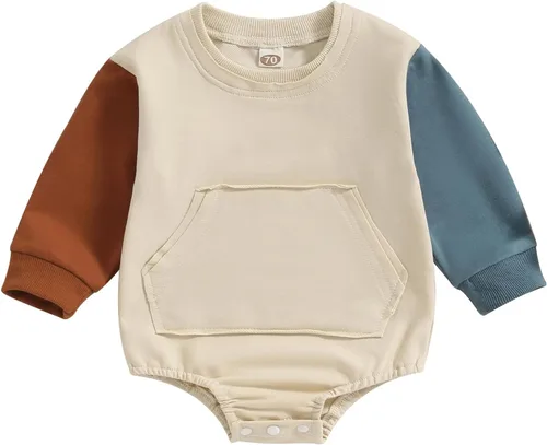 Vista 8 de Mameluco de manga larga con bloques de color para bebé, niño, niña, con bolsillo, cuello redondo, sudadera básica para otoño e invierno
