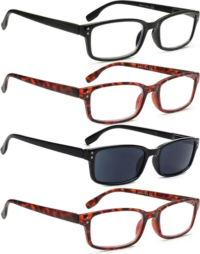 Vista 8 de Kerecsen Paquete de 4 Gafas de Lectura para Hombres y Mujeres con Bisagras de Resorte, Anteojos de Lectura Rectangulares Negros Ligeros