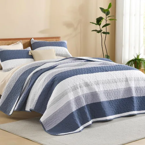 Vista 18 de Litanika Edredón tamaño Queen, juego de ropa de cama de 3 piezas a rayas 01 - Blanco y negro