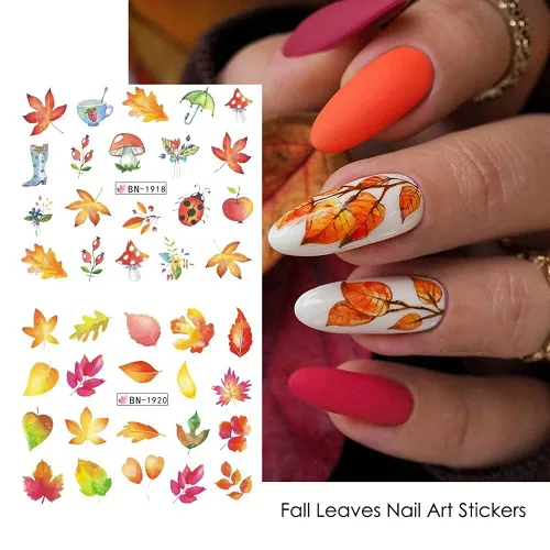 Vista 10 de Calcomanías de arte de uñas de otoño, calcomanías de agua de otoño, suministros de uñas, hojas de arce, pavo, calabaza, diseño de calcomanías