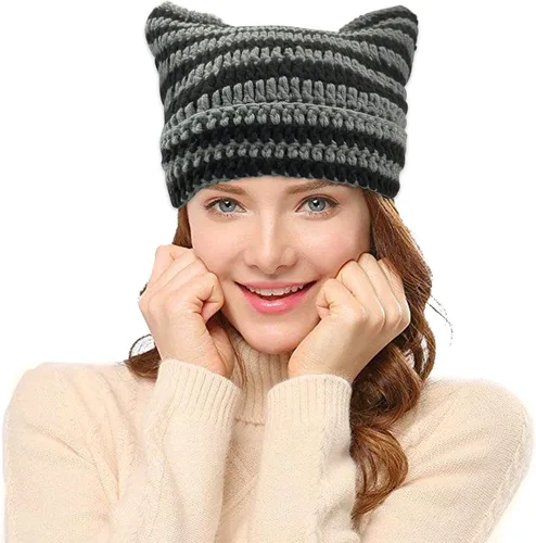 Vista 3 de Gorro de punto con orejas de gato para mujer, gorro de ganchillo con gorro de invierno a rayas, accesorios Y2K, gorros estilo gótico grunge