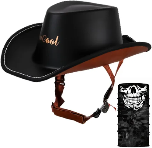 Vista 8 de Medio casco retro con cara abierta, estilo sombrero de vaquero, aprobado por DOT, hebilla y forro de liberación rápida para adultos