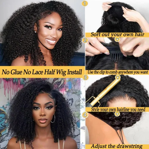 Vista 3 de Miss Lee - Peluca de media peluca rizada de 200% de densidade 3 en 1 de cabello humano sin pegamento para mujeres, con cordón de ajuste, sin
