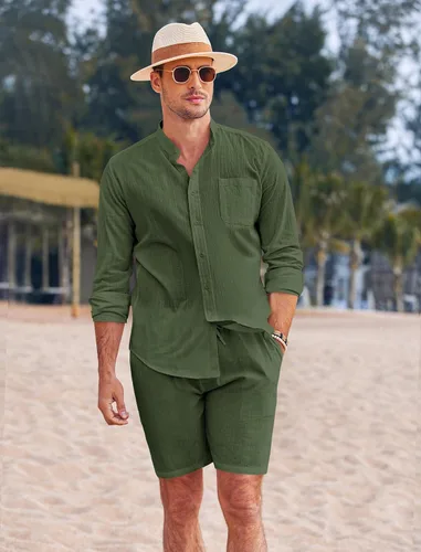 Vista 3 de COOFANDY Conjuntos de lino para hombre, 2 piezas, camisa de manga larga y pantalones cortos casuales con cordón en la cintura, trajes de verano