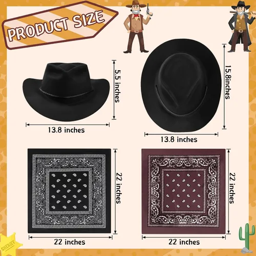 Vista 2 de Hillban Paquete de 48 sombreros de vaquero y bandanas, sombreros de vaquero de plástico de fieltro para mujeres y hombres, suministros de fiesta