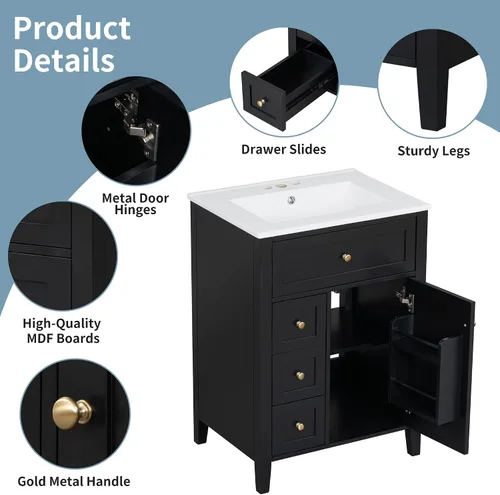 Vista 8 de Harper & Bright Designs Tocador de baño de 24 pulgadas con lavabo, juego de tocador independiente con 4 cajones, estantes de almacenamiento y Negro