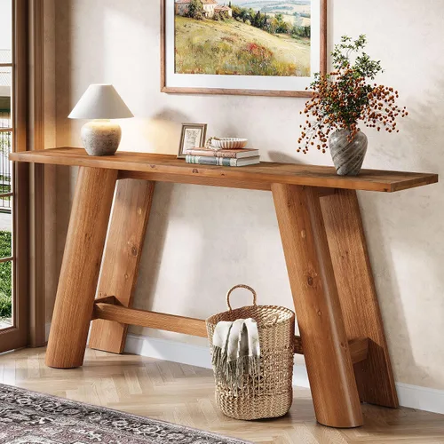 Vista 3 de Mesa consola de entrada de madera maciza, 70.9 pulgadas estrecha y larga, mesa de sofá detrás del sofá, muebles de madera de granja para sala