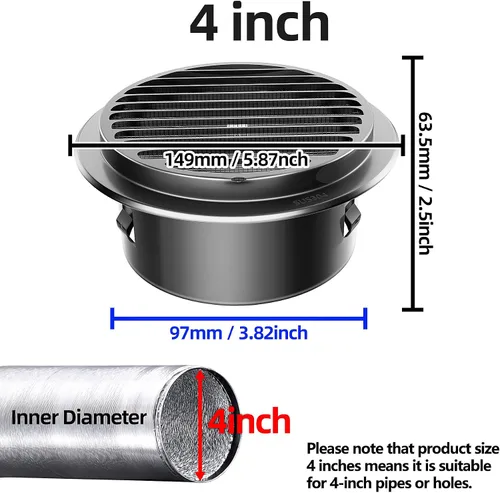 Vista 2 de Cubierta de ventilación de aire de acero inoxidable 304 engrosado de servicio pesado de 4", cubierta de rejilla con persianas, capucha