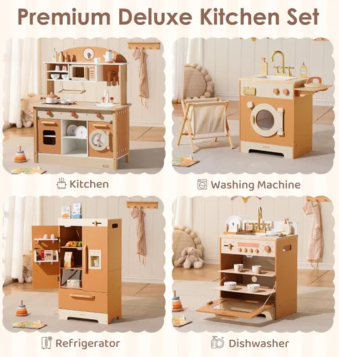 Vista 7 de ROBOTIME Juego de cocina de madera caramelo para niños, juego de rol 4 en 1 con nevera, lavadora y plancha, lavavajillas, juego de cocina para niños