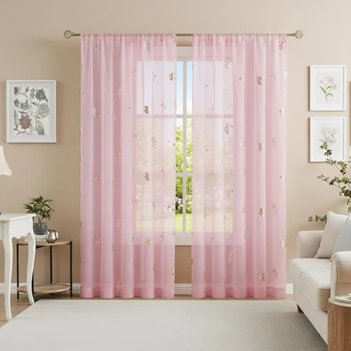 Vista 14 de Jubilantex Paneles de cortinas transparentes de mariposas negras y doradas de 52 pulgadas de ancho para dormitorio de niñas, elegantes cortinas