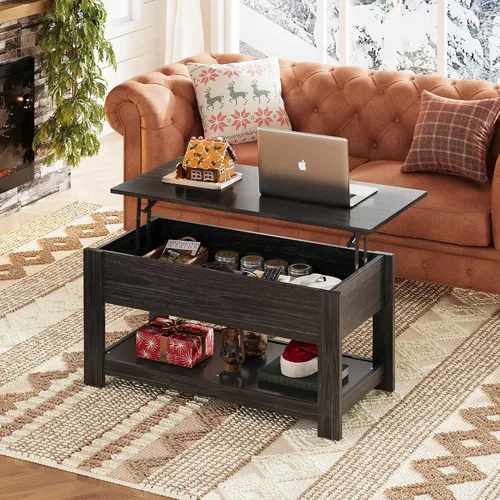 Vista 2 de WLIVE - Mesa de café, mesa de centro de 39" con parte superior elevada, compartimento oculto y estante de almacenamiento para sala de estar