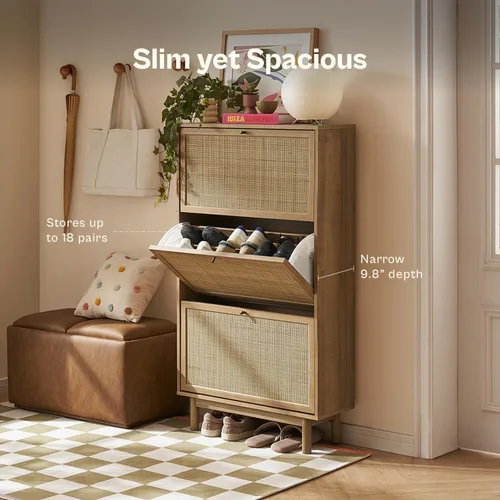 Vista 3 de mopio Hannah - Gabinete para zapatos, organizador de almacenamiento de zapatos estilo granja de ratán natural, estante de armario de 3 puertas
