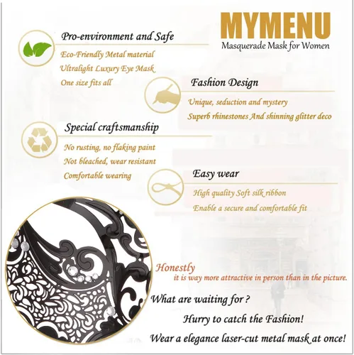 Vista 5 de MYMENU Máscara veneciana para parejas para mujeres y hombres, corte láser, máscara de metal veneciana para fiesta