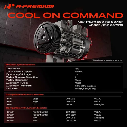 Vista 2 de A-Premium Compresor de A/C con embrague compatible con Ford Edge 2015-2018, GT 2017-2020 y Lincoln MKZ 2017-2020, MKX 2016-2018, Continental