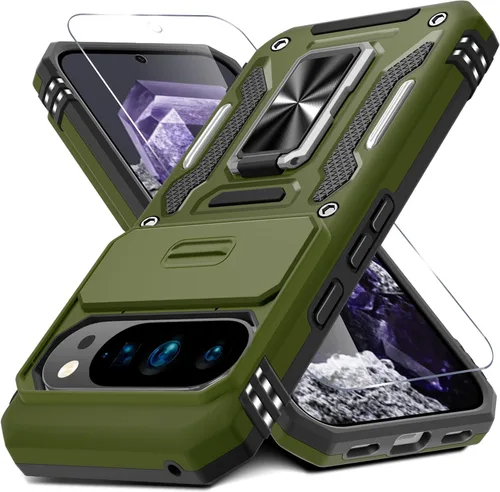 Vista 12 de DEERLAMN Funda para Google Pixel 8 con cubierta deslizante para cámara + protector de pantalla (1 paquete), soporte de anillo giratorio grado