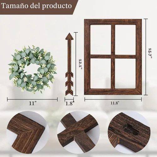 Vista 3 de Marco de ventana de madera rústica con corona verde y flechas para decoración de pared, marco de ventana estilo granja colgante, decoración falsa