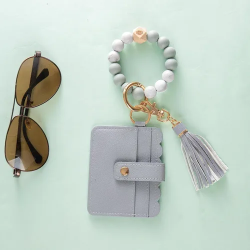 Vista 7 de Real Sic Pulsera de pulsera llavero billetera, soporte para tarjetas de crédito con cuentas de silicona, funda multifuncional de moda para tarjetas