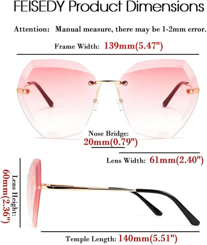 Vista 5 de FEISEDY Gafas de sol sin montura de gran tamaño de las mujeres gafas de sol de corte de diamante B2569