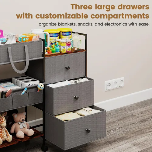Vista 6 de Organizador de pañales de 3 niveles y carrito de almacenamiento, artículos esenciales para bebés con 2+2 divisores y 3 cajones, carrito rodante