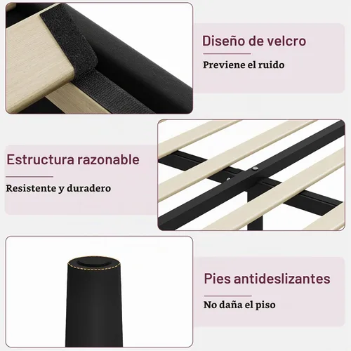 Vista 6 de Marco de cama tamaño Queen con cabecero – Marco de cama de plataforma resistente tapizado con canales verticales acolchados elegante con listones