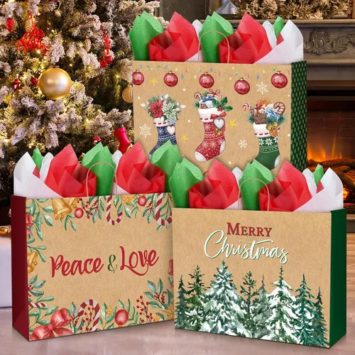 Vista 6 de Zachely 24 bolsas de regalo de Navidad extra grandes con 24 papel de seda, bolsas de papel kraft jumbo a granel para regalos, 6 estilos de bolsas