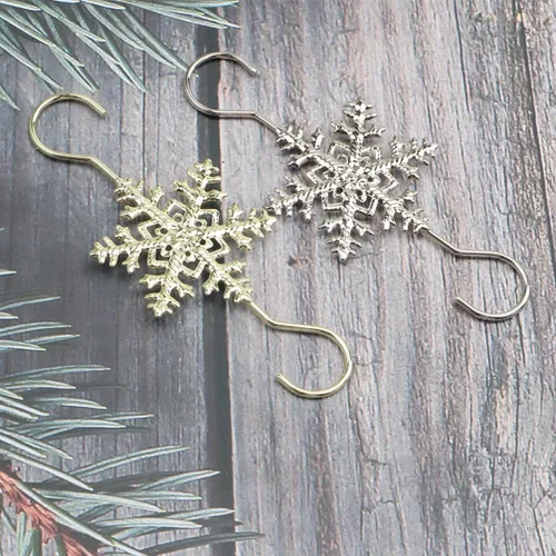 Vista 4 de Ganchos de adorno para decoración colgante, 20 ganchos dorados en forma de S de copo de nieve – Colgadores de árbol de Navidad con puntas de cuentas