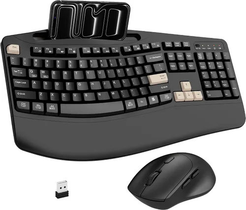 Vista 11 de Combo de teclado y mouse inalámbricos, teclas onduladas de tamaño completo 2.4G, teclado ergonómico con reposamuñecas, soporte para teléfono, mouse