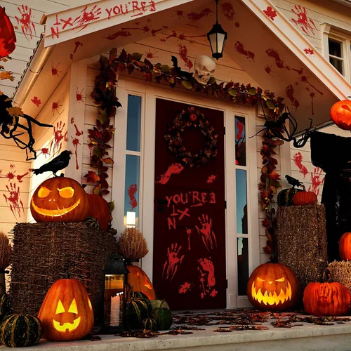 Vista 5 de Decoraciones de Halloween, 10 hojas de calcomanías de ventana de Halloween, huellas de mano sangrienta, huellas de calaveras, calcomanías