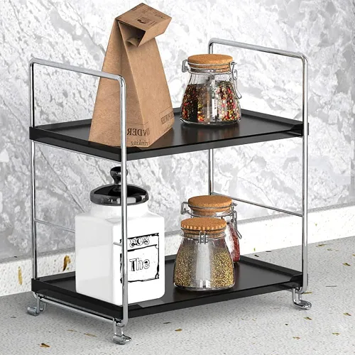 Vista 9 de Estante de especias de cocina de 2 niveles, estante organizador apilable independiente, organizador de baño y cosméticos, estante cuadrado de pie