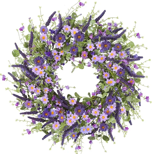 Vista 10 de Sggvecsy Corona de margaritas azules de 24 pulgadas para primavera y verano, corona floral de seda falsa con hojas de eucalipto verdes y lavanda