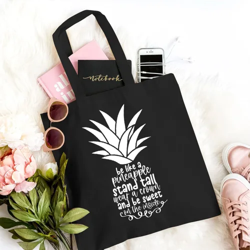 Vista 3 de TSIIUO Bolsa de lona con texto en inglés "Be a Pineapple Stand Tall and Wear a Crown", divertida bolsa de compras reutilizable inspiradora