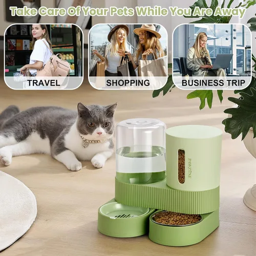 Vista 7 de Paquete de 2 alimentadores automáticos para gatos, dispensador de agua de acero inoxidable, alimentador de alimentos por gravedad y bebedero
