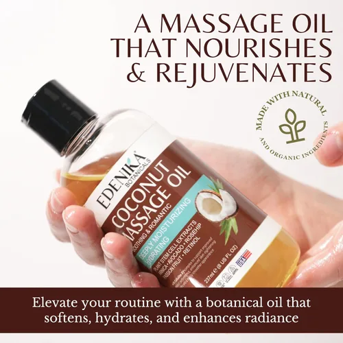 Vista 3 de Edenika Botanicals Aceite de masaje de coco tropical para terapia de masaje, aceite de masaje calmante con aceite de coco y maracuyá para relajación