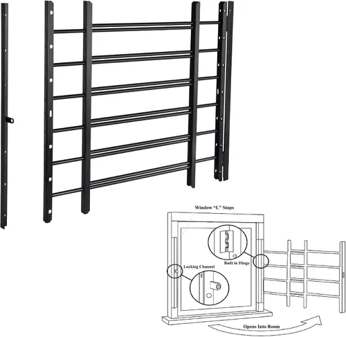 Vista 12 de Grisham PP SPAG Barras de Seguridad para Ventanas con Salida de Liberación Rápida, (Negro, 3 Barras) 14''H x 22''- 42'' de Ancho Ajustable Guardas