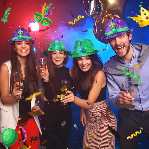 Vista 6 de 8 piezas Mardi Gras - Sombrero de fedora con lentejuelas LED, sombrero de vaquero intermitente